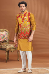 Mustard Yellow Silk Kurta Pajama with Printed Jacket